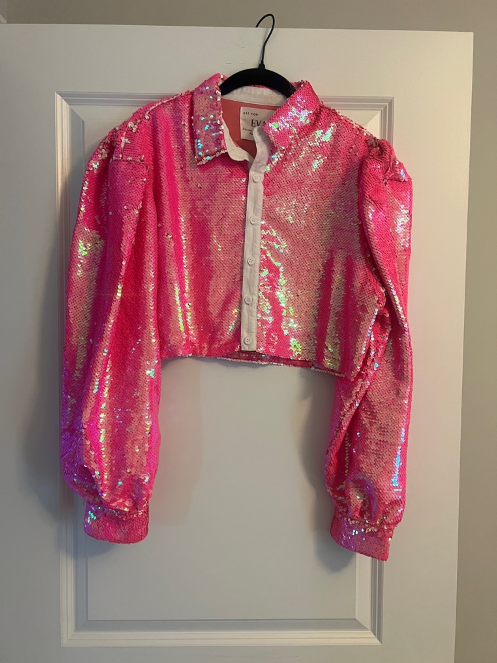 Pink Sequin Cropped Button-Up Jacket